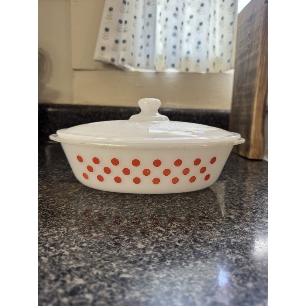 Vintage Glasbake Red / Pink‎ Polka Dot Glass 1 Qt Oval Casserole J235 With Lid